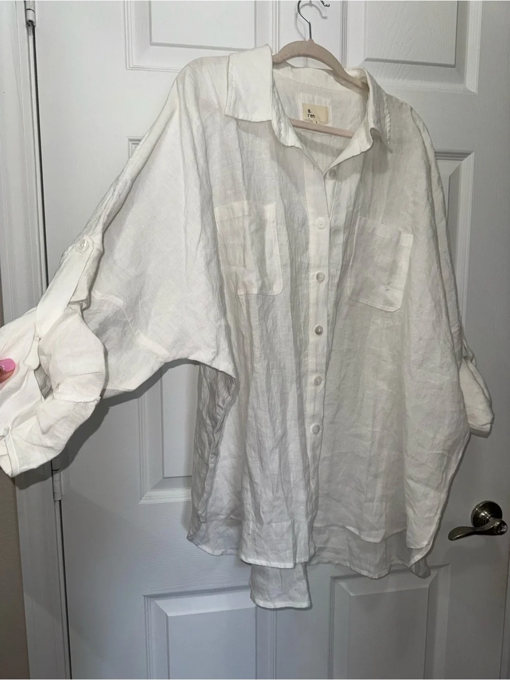 a.ren 100% Linen Boyfriend Shirt White Oversized Resort Beach CoverUp Size Large - Picture 10 of 15